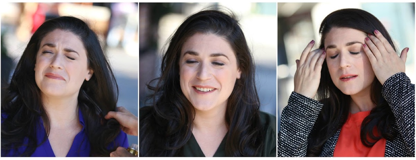 Three reaction shots of Jessie: wincing, laughing, hands to temples
